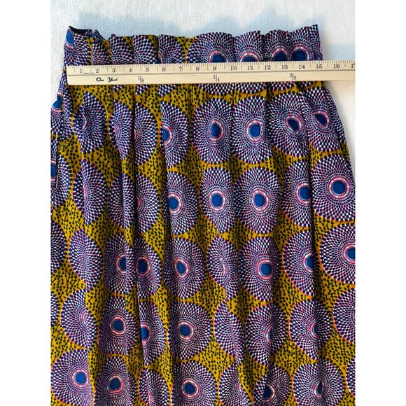 Anthropologie Pleated Skirt Ankara Print Paperbag Waist Yellow Blue L - Picture 3 of 9